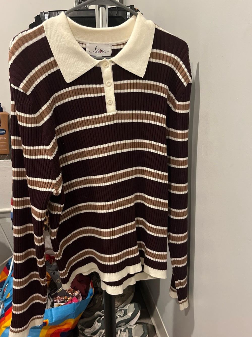 Love Ribbed Stripe Polo Sweater in Brown, Tan & Cream